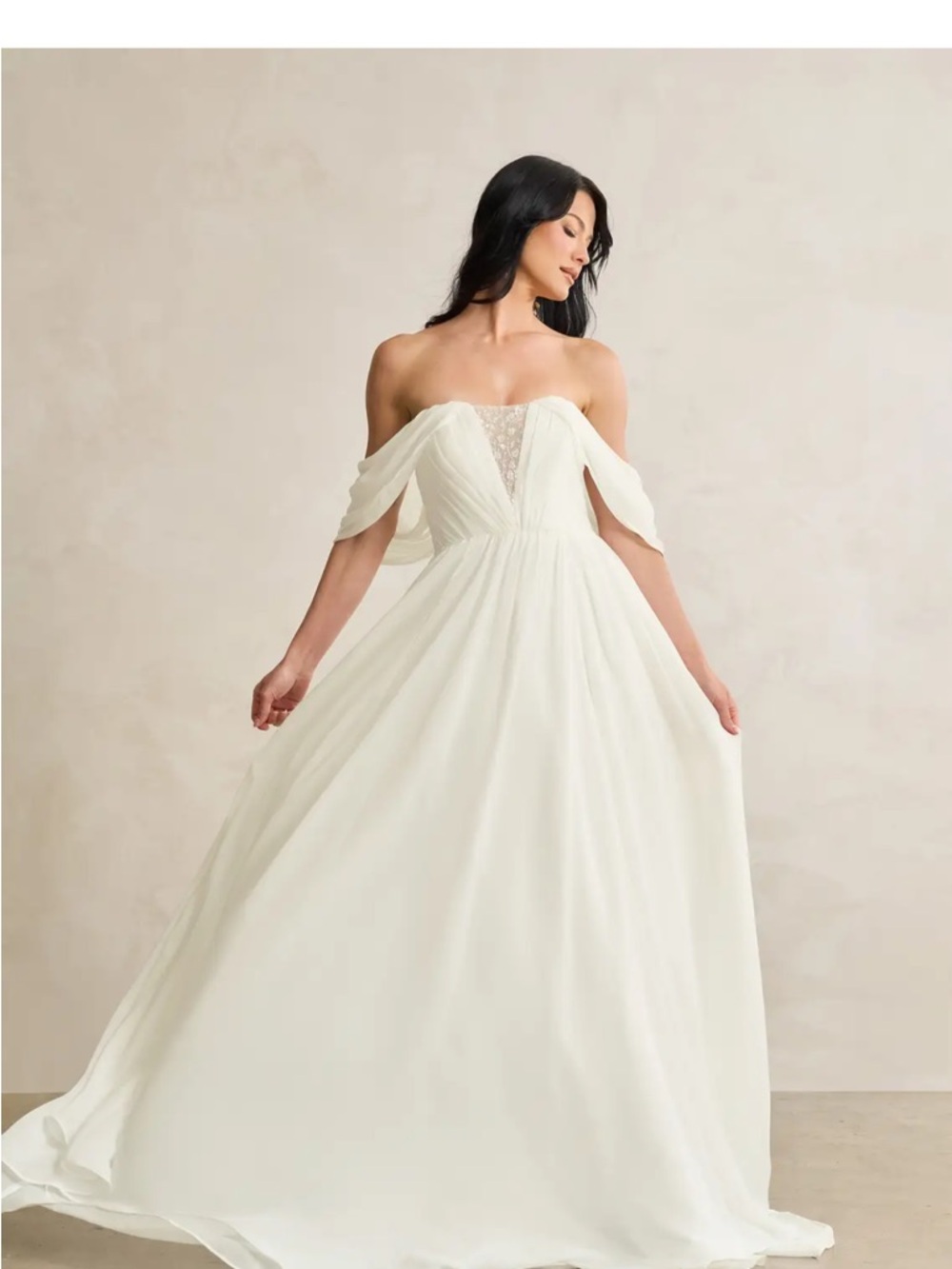Azazie Ivory Off-Shoulder Chiffon A-Line wedding dress